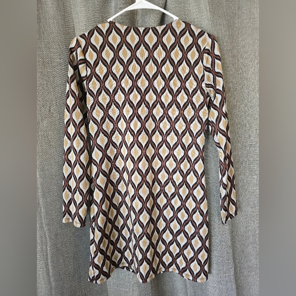 Zara Jacquard Knit Brown Geometric Retro Print Mini Shift Dress Size Small - Picture 2 of 4